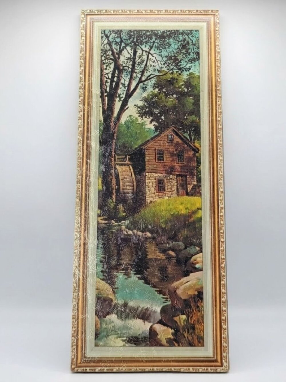 Vintage Wall Art Water Mill Lithograph Made In USA 8x20 Cork Back 1970s Retro